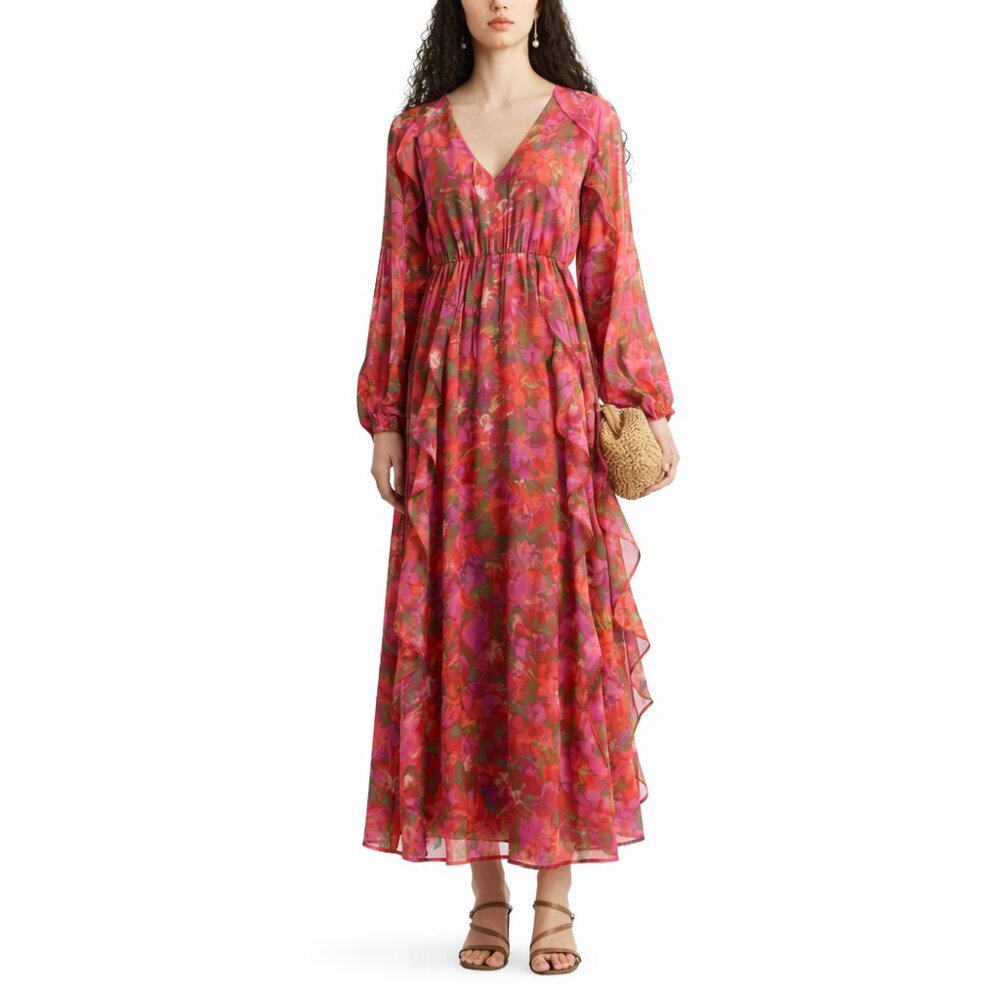 Chelsea28 Ruffle Print Long Sleeve Maxi Dress Pink Floral NWT